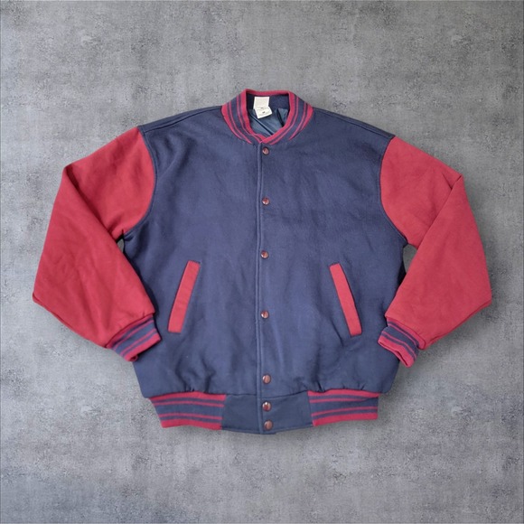 Vintage Fruit Of The Loom Varsity Bomber Jacket Mens Large Red Maroon Blue Blank - Picture 1 of 7